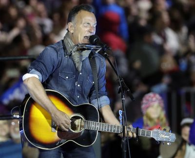FILE - In this Nov. 7, 2016, file photo Bruce Springsteen performs during a Hillary Clinton campaign event at Independence Mall in Philadelphia. Springsteen plans to make his Broadway debut onstage this fall at the Walter Kerr Theatre in a solo show in which he performs songs from his career, interspersed with readings of his best-selling memoir Born to Run. Springsteen on Broadway begins previews Oct. 3, 2017, ahead of an Oct. 12 opening. (AP Photo/Matt Slocum, File) ORG XMIT: PAPM103 (Matt Slocum / AP)