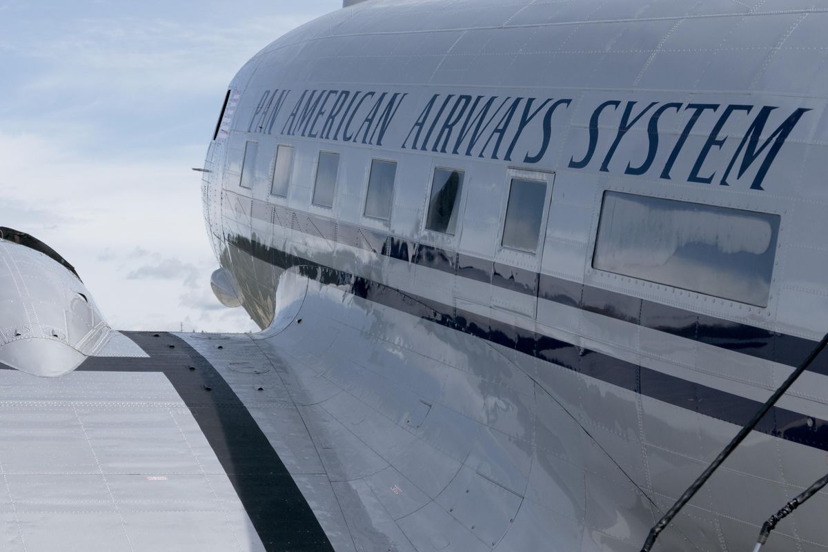 In this June 2, 2017 photo, a DC-3, dressed in the livery of Pan Am airlines and operated by the Historic Flight Foundation, parks on the ramp at Felts Field, Friday, June 2, 2017, in preparation for Neighbor Day. (Jesse Tinsley / The Spokesman-Review)