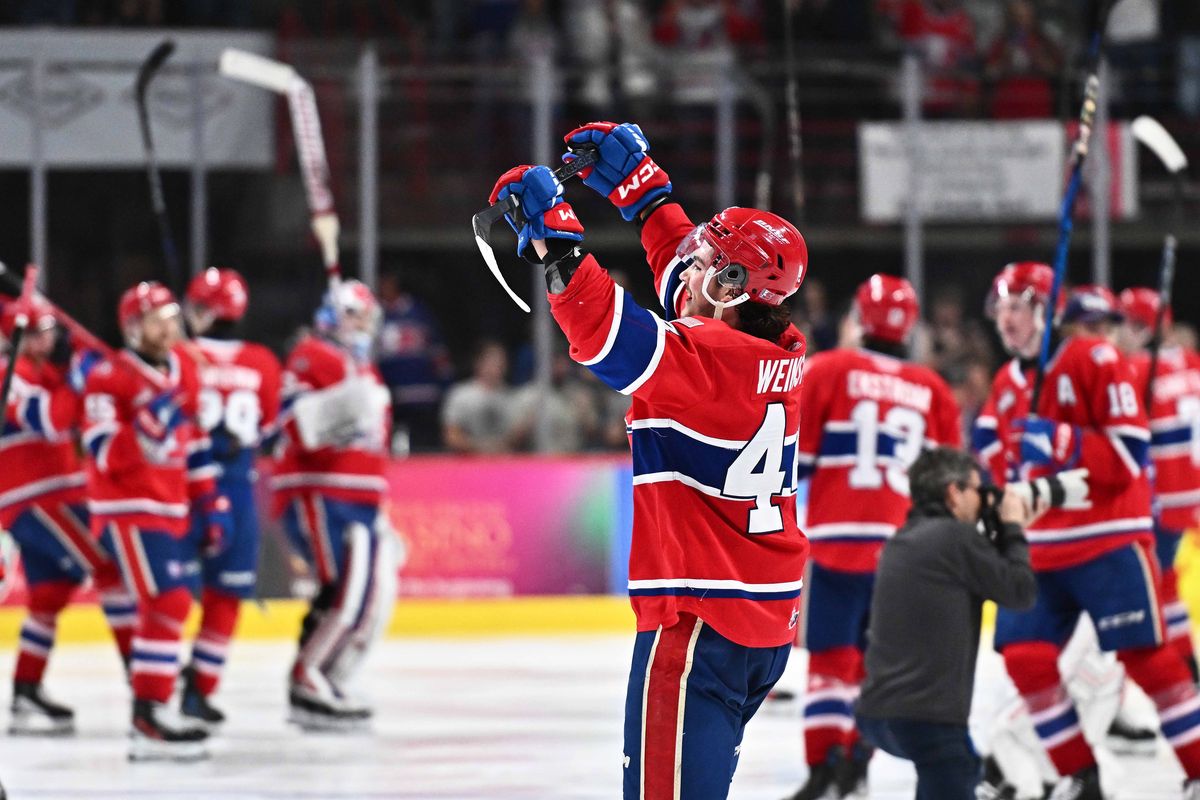 Spokane Chiefs defenseman Saige Weinstein celebrates after Sunday’s game in their Western Hockey League Western Conference final series against Portland at the Arena. (James Snook/The Spokesman-Review)
