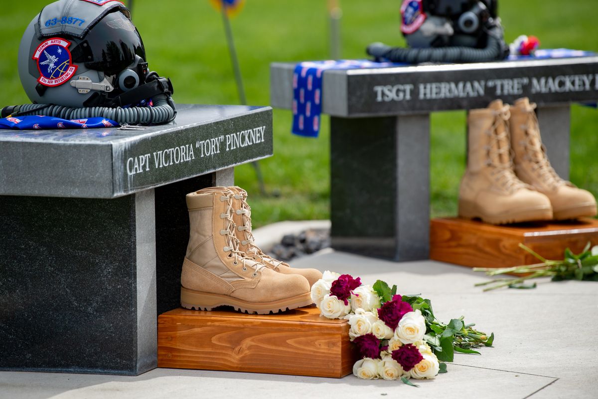 The memorial for the three-person crew of Shell 77, a KC-135 tanker that crashed in Kyrgyzstan in 2013, is decorated for the sixth anniversary commemoration in this May 2019 photo.  (JESSE TINSLEY)