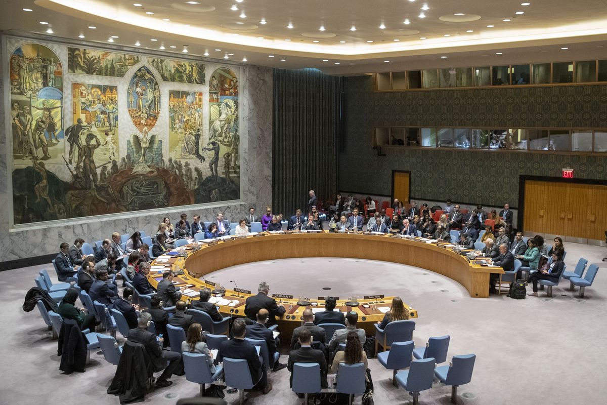The UN Security Council holds a meeting on the Middle East, including the Palestinian question, in November 2019.  (Mary Altaffer)