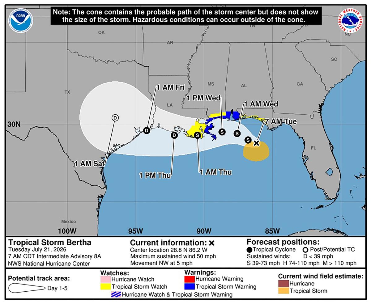 Tropical Storm Bertha’s cone of uncertainty as of Tuesday.  (National Hurricane Center )