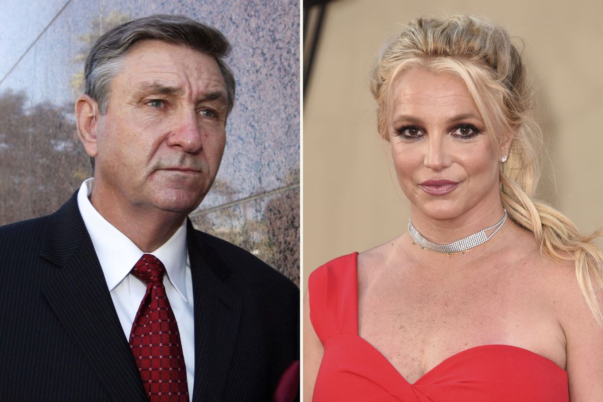 In this combination photo, Jamie Spears, father of singer Britney Spears, leaves the Stanley Mosk Courthouse on Oct. 24, 2012, in Los Angeles, left, and Britney Spears arrives at the premiere of "Once Upon a Time in Hollywood" on July 22, 2019, in Los Angeles. Britney Spears said in a court filing Wednesday that she agrees with her father that the conservatorship that has controlled her life and money since 2008 should be terminated. The filing in Los Angeles Superior Court from the singer