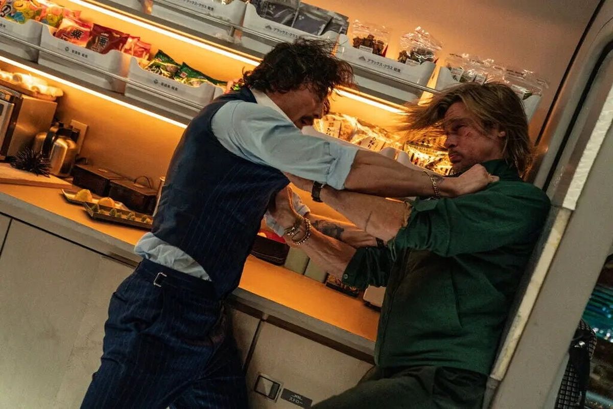 Aaron Taylor-Johnson and Brad Pitt in "Bullet Train."  (Scott Garfield/Sony Pictures)