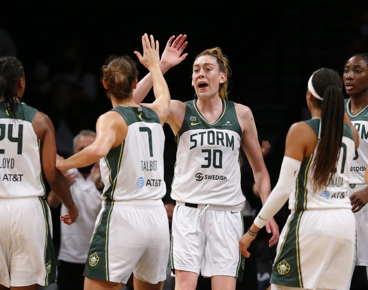 Seattle Storm forwards Stephanie Talbot (7) and Breanna Stewart (30) celebrate after a score against the New York Liberty during the second half of a WNBA basketball game Friday, Aug. 20, 2021, in New York.  (Associated Press)