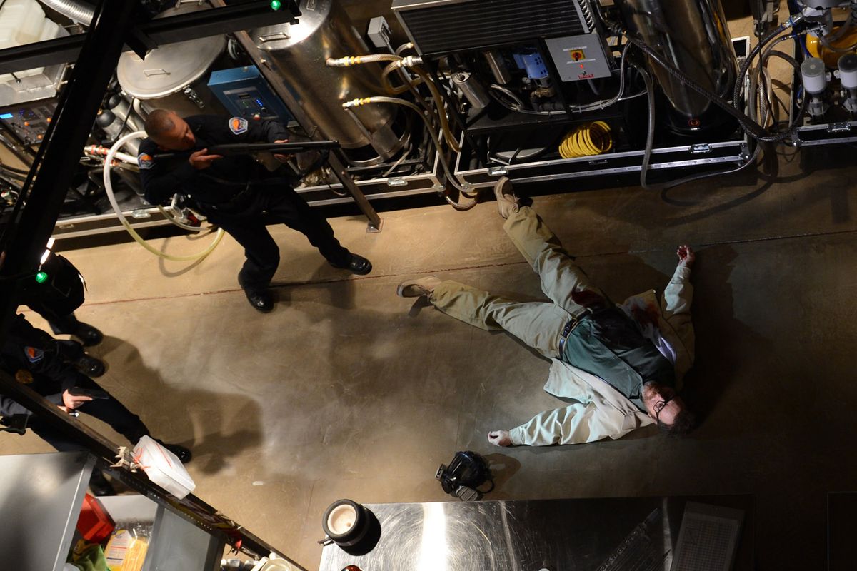 Bryan Cranston, as Walter White, in the final scene from “Breaking Bad.”