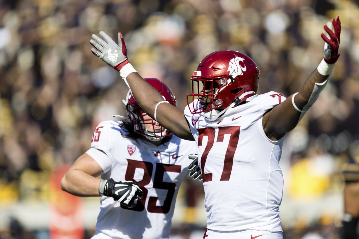 Washington State defensive end Willie Taylor III reacts Saturday after sacking California quarterback Chase Garbers during the first quarter of the Cougars’ 21-6 victory in Berkeley, Calif.  (Associated Press)