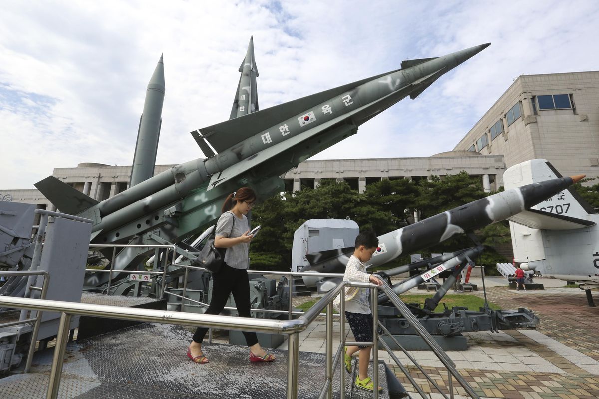 A mock North Korea Scud-B missile, left, and South Korean missiles are displayed at Korea War Memorial Museum in Seoul, South Korea, Tuesday, Aug. 29, 2017. (Ahn Young-joon / Associated Press)