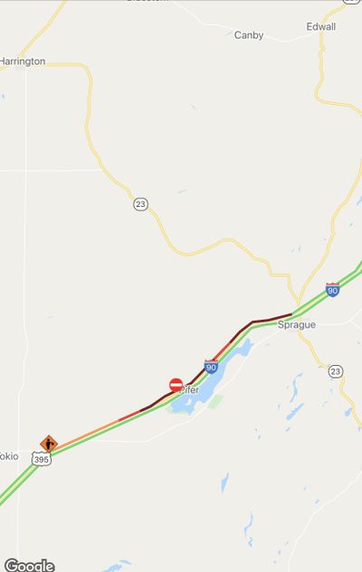 The Washington Department of Transportation shared this image of traffic conditions on westbound Interstate 90 near Sprague on Sunday, July 25, 2021. Asphalt that was poured did not cure, leading to a single lane closure that caused traffic backups Sunday.   (WSDOT)