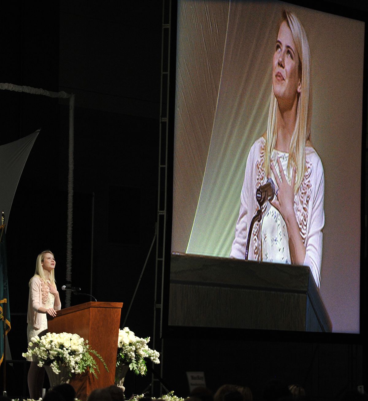 Elizabeth Smart shares her story of being kidnapped and assaulted when she was 14 years old with the crowd gathered at the Spokane Convention Center for the Women Helping Women Fund luncheon. (Dan Pelle)