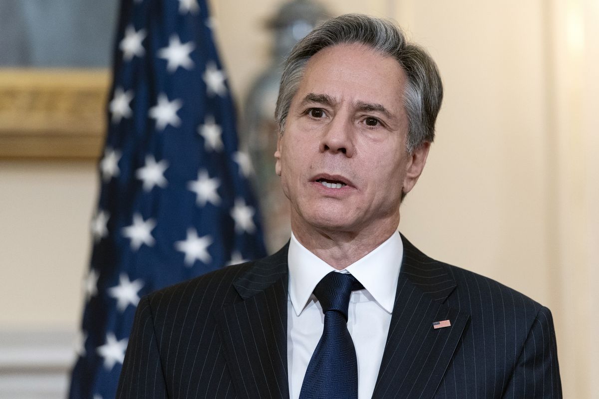 FILE - Secretary of State Antony Blinken speaks during a photo opportunity with Romanian Foreign Minister Bogdan Aurescu at the State Department, Nov. 8, 2021, in Washington. The Biden administration is stepping up pressure on Russia over a buildup of troops along its frontier with Ukraine. As Blinken prepared to meet his Ukrainian counterpart in Washington on Wednesday, the top U.S. diplomat for Europe said the administration is watching the border situation closely and would regard any escalation with deep concern.  (Alex Brandon)