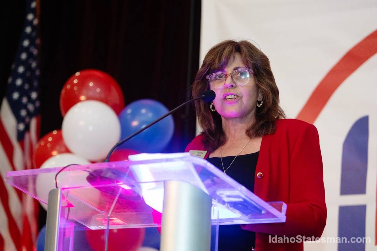 Dorothy Moon, chairwoman of the Idaho Republican Party, leads a watch party for Idaho Republican candidates at the Grove Hotel in Boise last November. Moon opposed a bill to move the upcoming primary election from March to May. The Idaho GOP last week approved a plan to host a March caucus next year.  (Tribune News Service)