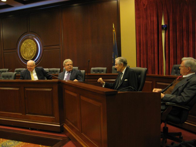 From left, 9th District Judge Randy Smith, Idaho Supreme Court Chief Justice Roger Burdick, 9th Circuit Chief Judge Emeritus J. Clifford Wallace and 9th Circuit judge Stephen S. Trott visit before talking with reporters Monday in the Lincoln Auditorium at the state Capitol. (Betsy Russell)