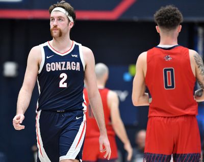 Gonzaga Bulldogs forward Drew Timme (2) reacts during the second half of a college basketball game on Saturday, Feb 26, 2022, at University Credit Union Pavilion in Moraga, Calif. The St. Mary's Gaels won the game 67-57.  (Tyler Tjomsland / The Spokesman-Review)