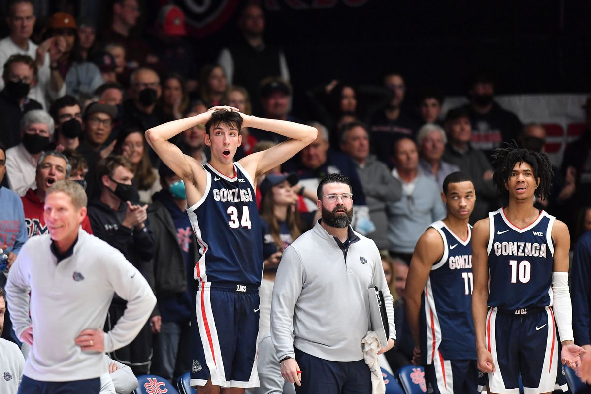 Gonzaga Bulldogs center Chet Holmgren (34), guard Nolan Hickman (11) and guard Hunter Sallis (10) react as they fall to the St. Mary