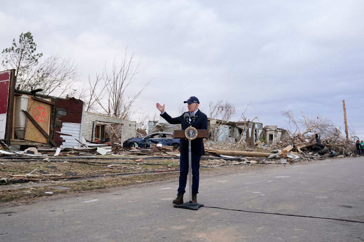 President Joe Biden speaks after surveying storm damage from extreme weather Dec. 15 in Dawson Springs, Ky.  (Andrew Harnik)