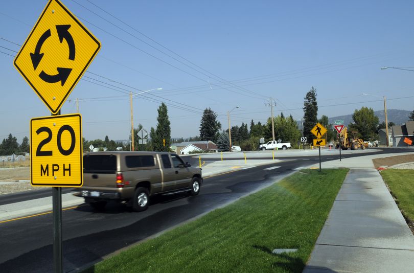 The newest roundabout in the Spokane Valley is at Flora Road and Mission Avenue. (J. Bart Rayniak)