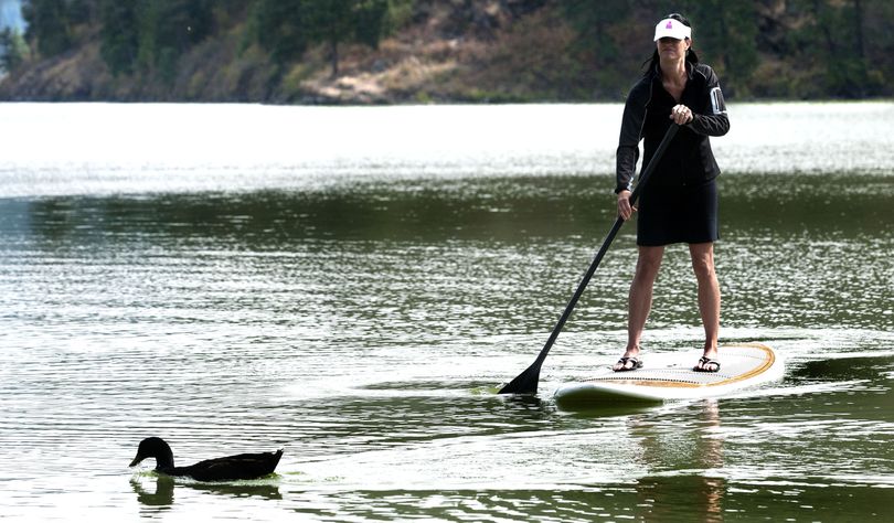 Balancing act: “September is the best,” said Lisa Adlard, of Coeur d’Alene, as she maneuvered her paddleboard past a duck on Fernan Lake on Monday. (Kathy Plonka)