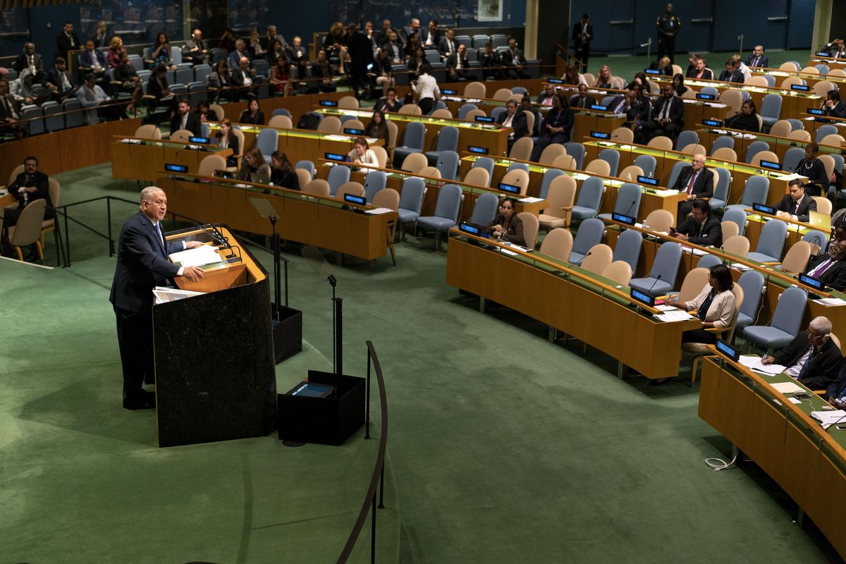 Israeli Prime Minister Benjamin Netanyahu addresses the 73rd session of the United Nations General Assembly, at U.N. headquarters, Thursday, Sept. 27, 2018. (Craig Ruttle / Associated Press)
