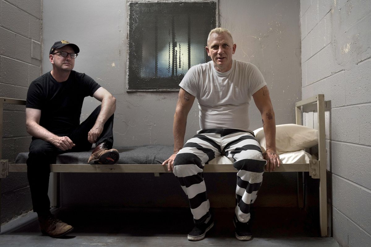 Director Steven Soderbergh, left, and actor Daniel Craig on the set of their film “Logan Lucky.” (Claudette Barius / Bleecker Street)