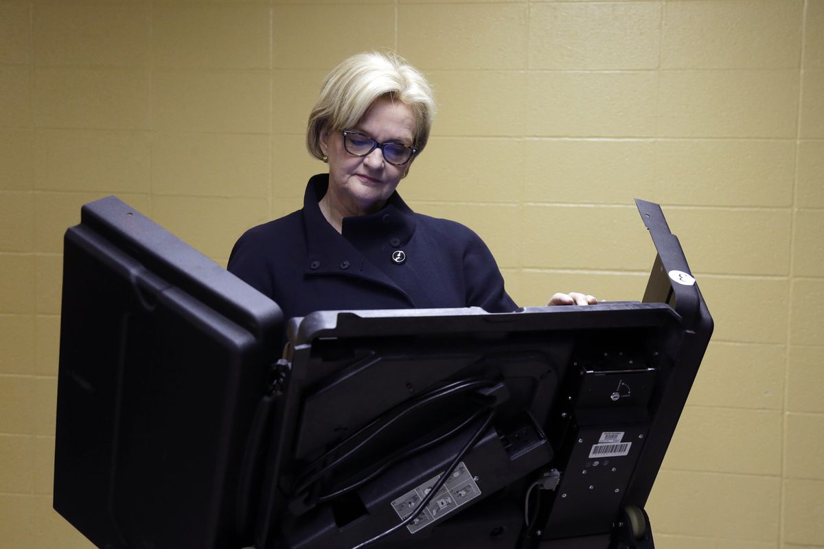 U.S. Sen. Claire McCaskill, D-Mo., votes at her polling place, Kirkwood Community Center, Tuesday, Nov. 6, 2012, in Kirkwood, Mo. McCaskill is running for reelection against Republican challenger Rep. Todd Akin, R-Mo. (Jeff Roberson / Associated Press)