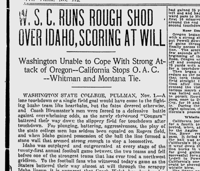 A correspondent in Pullman said that Idaho was “outplayed and outgeneraled at every stage of the 21st annual football game between the two teams.” (SR archives)