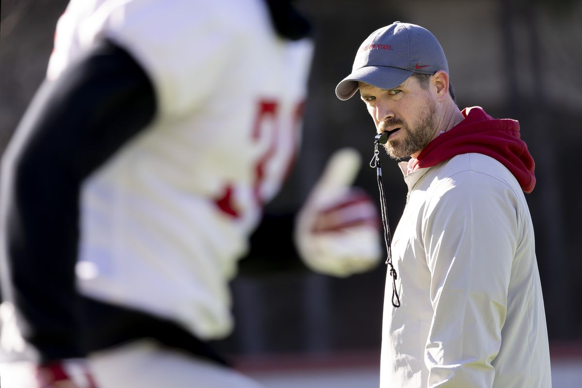 New Washington State head coach Jimmy Rogers leads the first day of spring practice on Saturday at Rogers Field in Pullman.  (Geoff Crimmins/The Spokesman-Review)