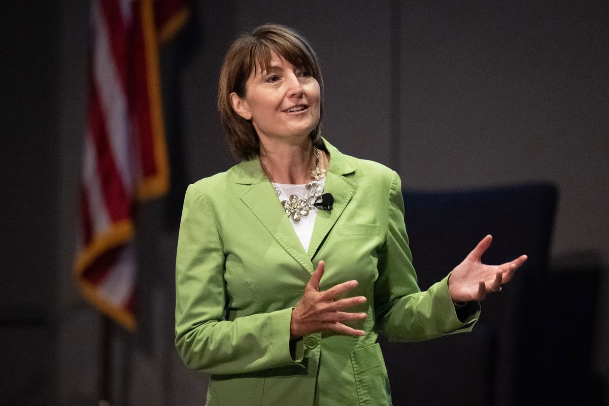 Rep. Cathy McMorris Rodgers, R-Spokane, answers constituents’ questions at a town hall meeting this year at the Spokane Convention Center.  (COLIN MULVANY/THE SPOKESMAN-REVI)
