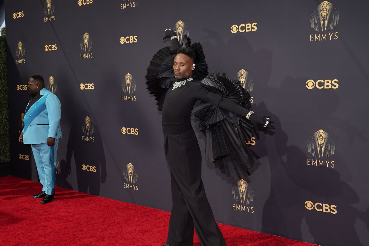 Cedric the Entertainer, left, and Billy Porter arrive at the 73rd Primetime Emmy Awards on Sunday, Sept. 19, 2021, at L.A. Live in Los Angeles.  (Chris Pizzello)