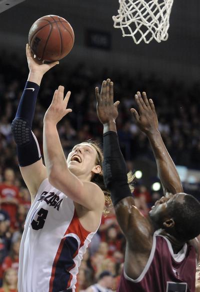 Gonzaga forward Kelly Olynyk (13) shoots against Loyola Marymount during the first half of a college basketball game on Saturday, February 9, 2013, in Spokane, Wash. (Tyler Tjomsland / The Spokesman-Review)