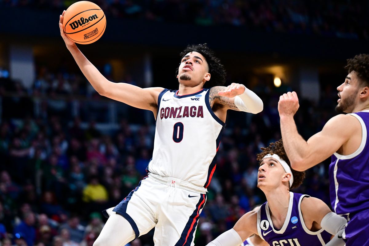 Gonzaga Bulldogs forward Drew Timme (2) reacts after defeating the Grand Canyon Antelopes during the second half of a first round NCAA Basketball Tournament game on Friday, March 17, 2023, at Ball Arena in Denver, Colo. Gonzaga won the game 82-70.  (Tyler Tjomsland/The Spokesman-Review)