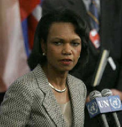 
Secretary of State Condoleezza Rice listens during a press briefing after a meeting of the United Nations Security Council on Monday. 
 (Associated Press / The Spokesman-Review)