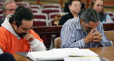 Kenneth Quintana, left, and Robert Aragon are seen at their hearing Friday in Shoshone, Idaho. Aragon is charged with involuntary manslaughter in the death of his 11-year-old daughter.  (Associated Press / The Spokesman-Review)