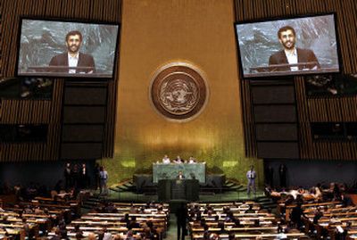 
Iranian President Mahmoud Ahmadinejad speaks during the the U.N. General Assembly on Saturday in New York.
 (Associated Press / The Spokesman-Review)