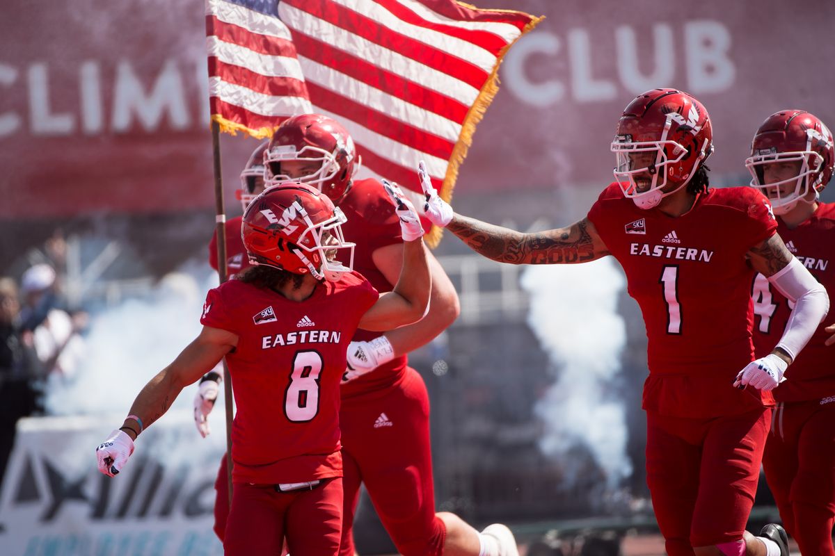 Eastern Washington University takes the field before a game against Central Washington University on Sept. 11 at Roos Field in Cheney.  (Libby Kamrowski/ THE SPOKESMAN-REVIEW)