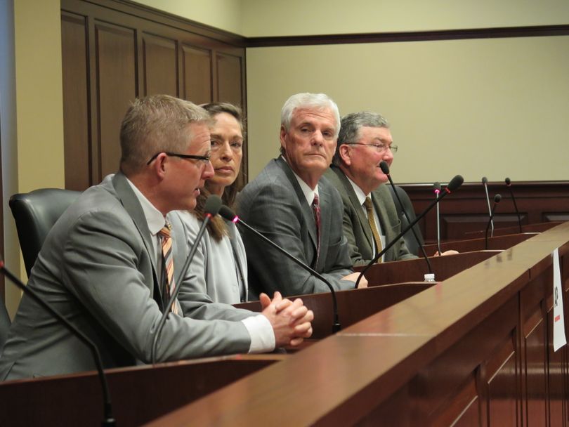 From left, House Minority Leader Mat Erpelding, Senate Minority Leader Michelle Stennett, Senate President Pro-Tem Brent Hill and House Speaker Scott Bedke speak Friday at the AP Legislative Preview at the state Capitol (Betsy Z. Russell)