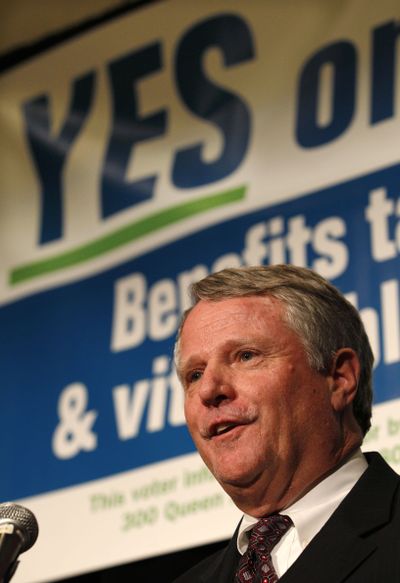 Washington Restaurant Association government affairs head Bruce Beckett speaks at an election night news conference for Yes on 1183, Tuesday, Nov. 8, 2011, in Seattle. Washington voters on Tuesday approved a plan to privatize liquor sales and dismantle controls that have been in place since Prohibition, siding with retailing giant Costco in the costliest initiative campaign in state history. Unofficial results Tuesday night showed the measure with 60 percent support in early returns. (Elaine Thompson / Associated Press)