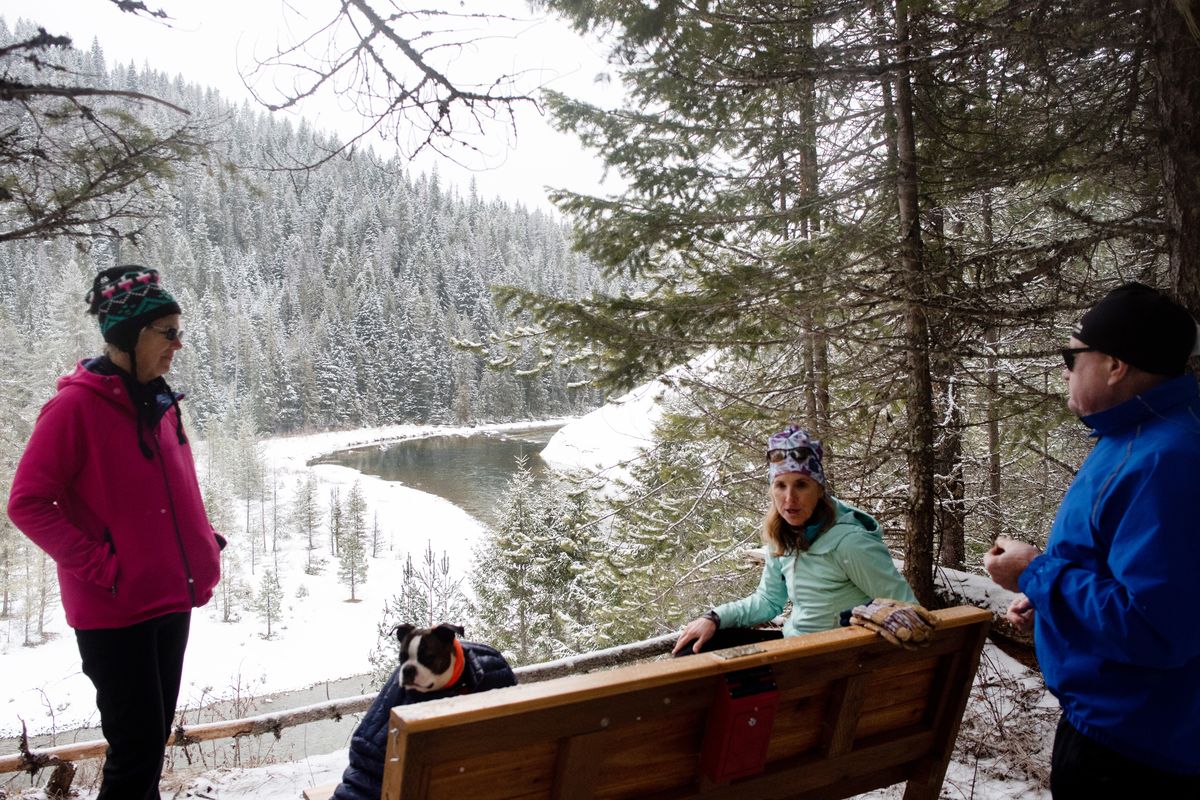 Anne Weitz, left, dog Snoopy, Patty Engle and Jim Lea eat lunch above the Priest River on Jan. 26.  (Eli Francovich/The Spokesman-Review)