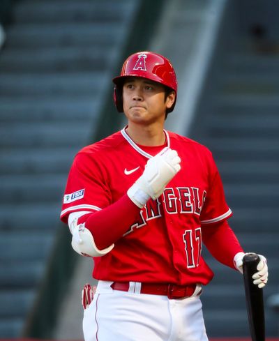 Shohei Ohtani scans the field during a Los Angeles Angels game against the Yankees on July 18 in Anaheim, California.  (Los Angeles Times)