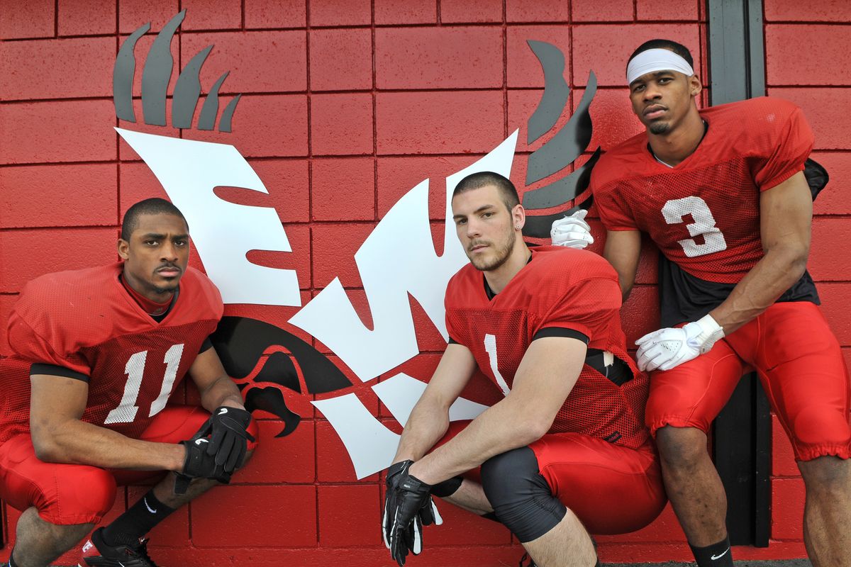 Eastern Washington University has three of the best receivers in the FCS: from left, Nicholas Edwards, Brandon Kaufman and Greg Herd. (Dan Pelle / The Spokesman-Review)