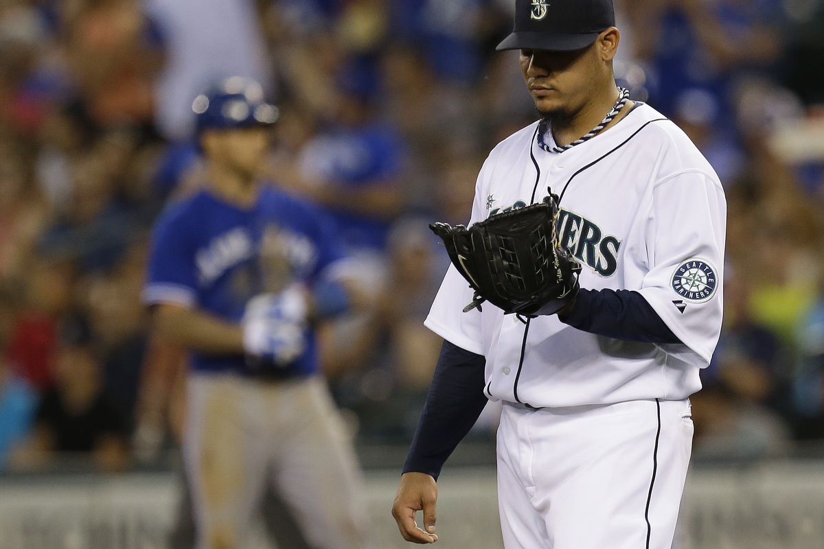 Mariners ace Felix Hernandez was knocked out after five innings by the Blue Jays. (Associated Press)