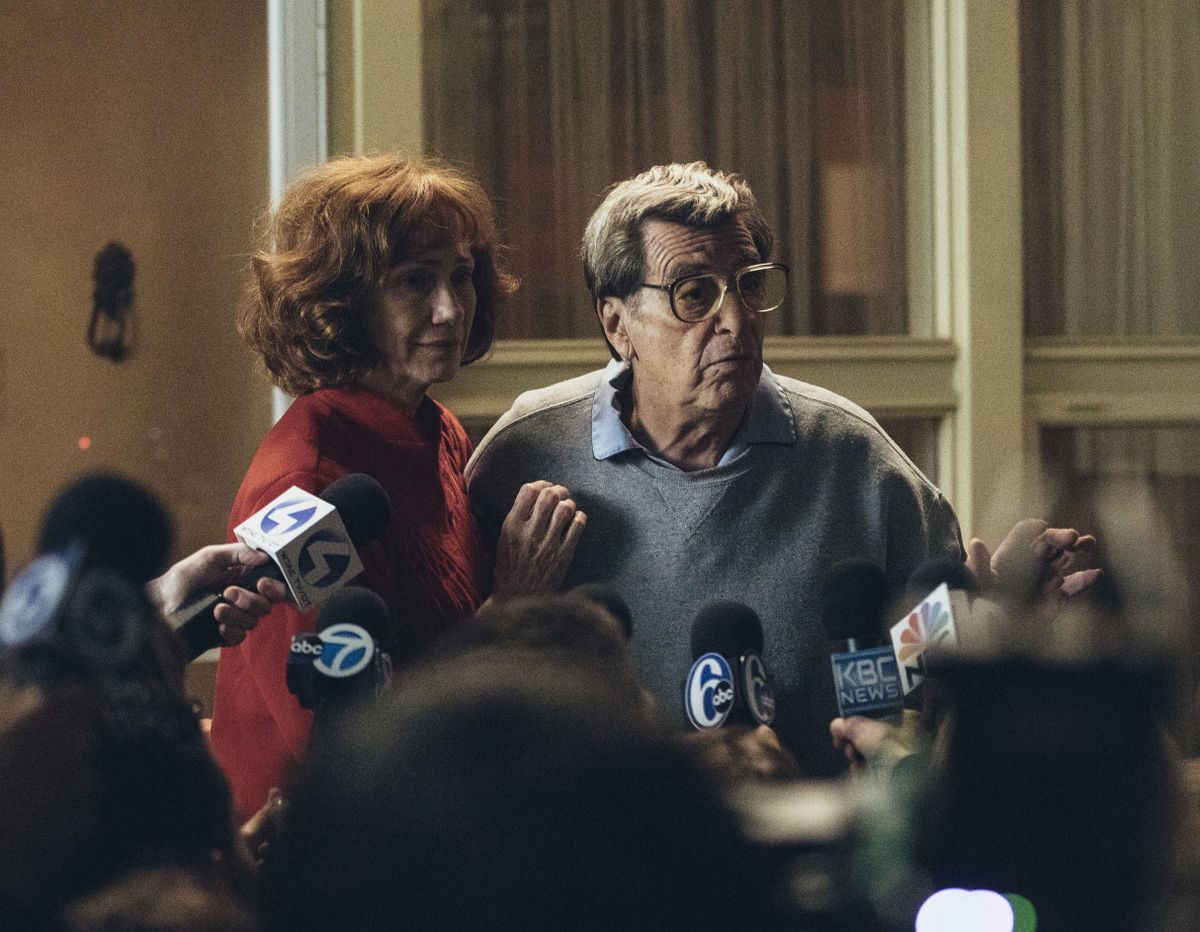 In this image released by HBO, Kathy Baker, left, and Al Pacino portray Sue and Joe Paterno in a scene from "Paterno," a film about the late Penn State football coach. (Atsushi Nishijima/HBO via AP) (Atsushi Nishijima / HBO)