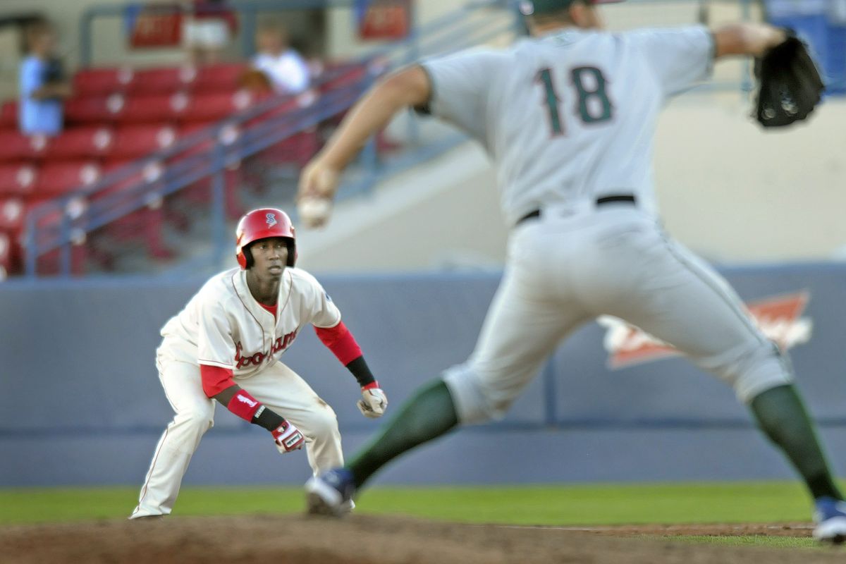 Spokane Indians outfielder Jurickson Profar takes a lead off first as he watches pitcher Austin Kirk in his windup during action at Avista Stadium on July 6, 2010.  (CHRISTOPHER ANDERSON)