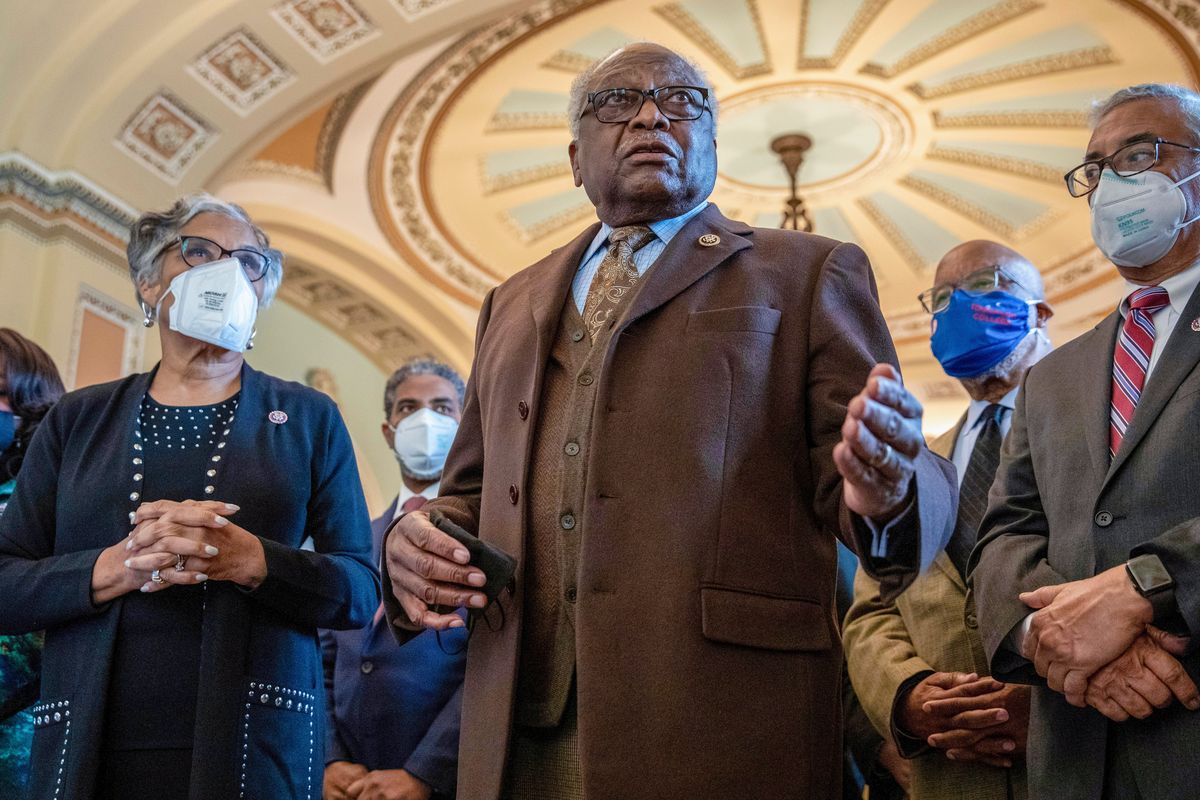 From left, Rep. Joyce Beatty, D-Ohio, Rep. Steven Horsford, D-Nev. House Majority Whip Jim Clyburn, D-S.C., Rep. Bennie Thompson, D-Miss., and Rep. Bobby Scott, D-Va., alongside other members of the Congressional Black Caucus, speak in front of the Senate chamber about their support of voting rights legislation at the Capitol in Washington, Wednesday, Jan. 19, 2022.  (Amanda Andrade-Rhoades)