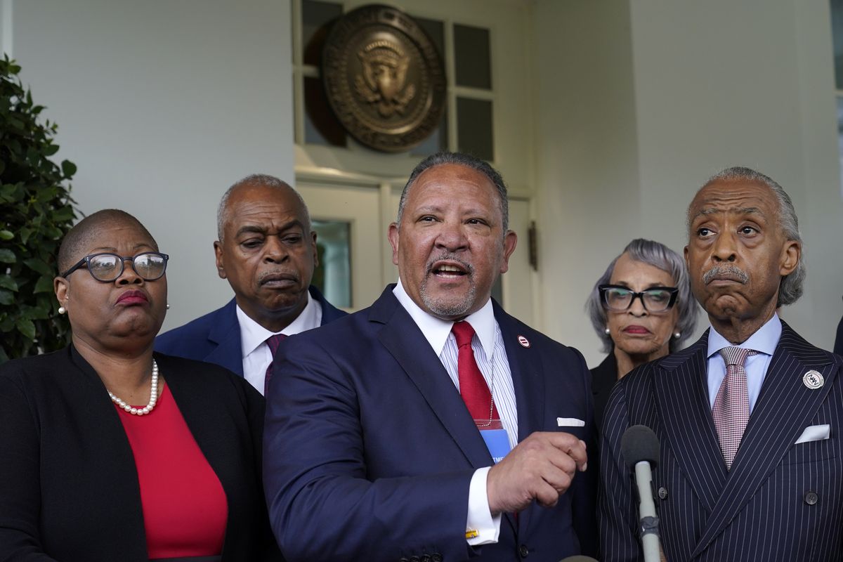 Marc Morial, center, President and Chief Executive Officer of the National Urban League, talks with reporters outside the West Wing of the White House in Washington, Thursday, July 8, 2021, following a meeting with President Joe Biden and leadership of top civil rights organizations. (Susan Walsh)
