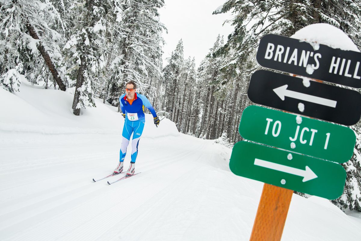 George Bryant approaches the final 200 meters during the 40th annual Spokane Langlauf cross-country ski race at the Mt. Spokane Cross-Country Ski Park on Sunday, Feb. 9, 2020. The all-ages 10k is a timed race, now open to adaptive skiers, and follows what has become the traditional course near Selkirk Lodge. (Libby Kamrowski / The Spokesman-Review)