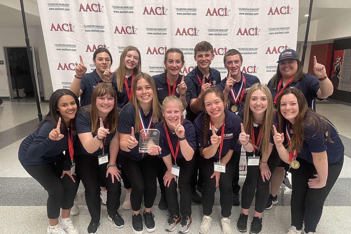 Mt. Spokane High School sports medicine club winners include, back row left to right: Mackenzie Bell, Addison Zandt, Annelise Hoskinson, Kevin Pickering, Zeke Miller, Breann Booher (teacher); front row left to right: Alexa Mather, Isabella Granlund, Lyssa Bingley, Bryten Gumke, Hannah Brosnan, Nevaeh Dompier, Hailey Detling; not pictured: Zoe Caleton, Heidi Neumiller and Julia Kolman.  (Courtesy Mt. Spokane High School)