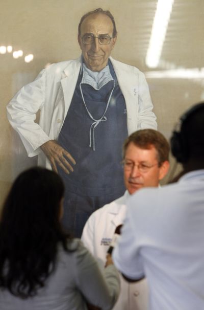 A portrait of Dr. Michael DeBakey serves as a backdrop at Baylor College of Medicine  after a news conference Saturday regarding DeBakey’s death. The Houston Chronicle (Kevin Fujii The Houston Chronicle / The Spokesman-Review)
