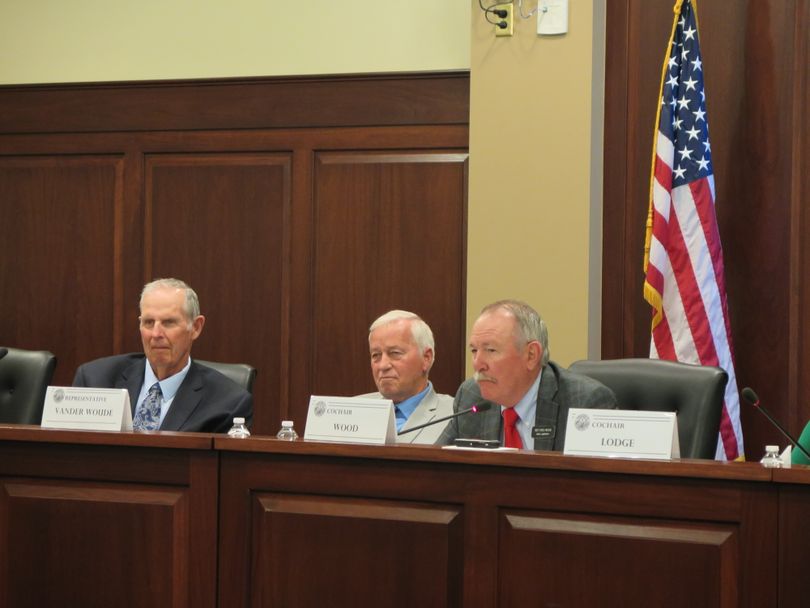 From left, Reps. Tom Loertscher, John VanderWoude and Fred Wood participate in Wednesday's meeting of the Idaho Legislature's campaign finance and ethics reform working group. (Betsy Z. Russell)