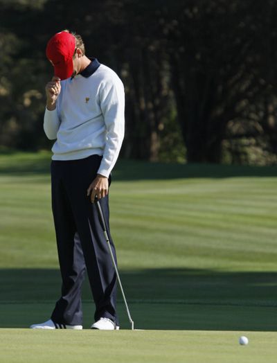 Sean O’Hair of the United States team reacts after missing a birdie putt on the 13th green at the Presidents Cup in San Francisco. (Associated Press / The Spokesman-Review)